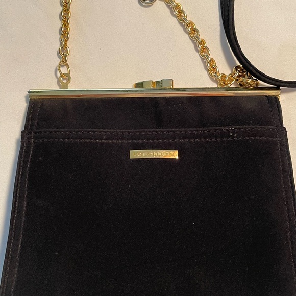 Vintage Liz Claiborne Clutch W Shoulder Strap Black Gold Accents Brushed Satin - Picture 2 of 10